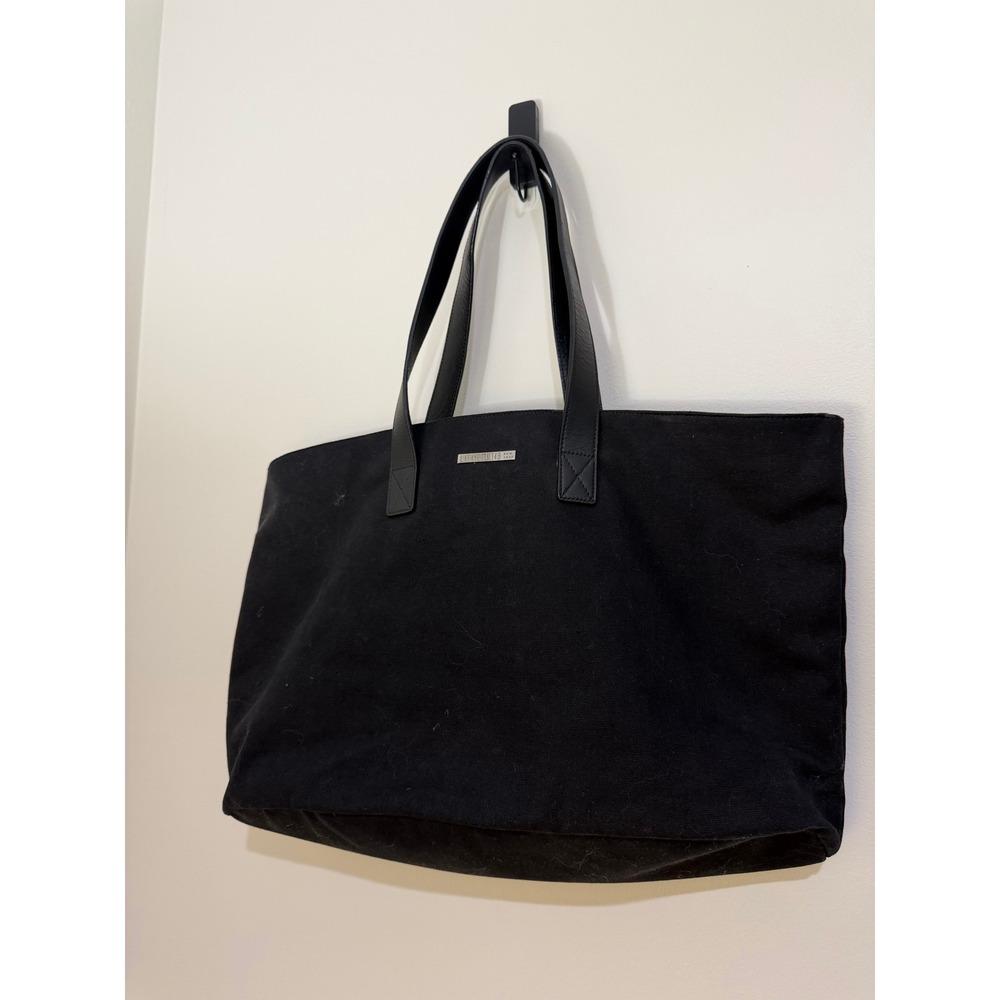 Lafayette 148 New York Canvas Tote Bag Black Leather Trim Shoulder Purse